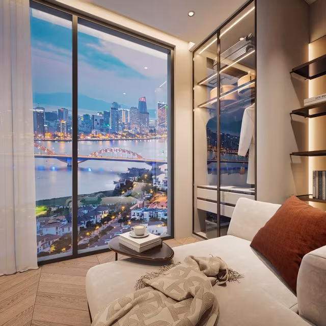 The 1-bedroom apartments at The Legend City Da Nang 55m², offering modern design and stunning views of the Han River and Dragon Bridge. Size: Approximately from 55m², ideal for singles, couples, or investors