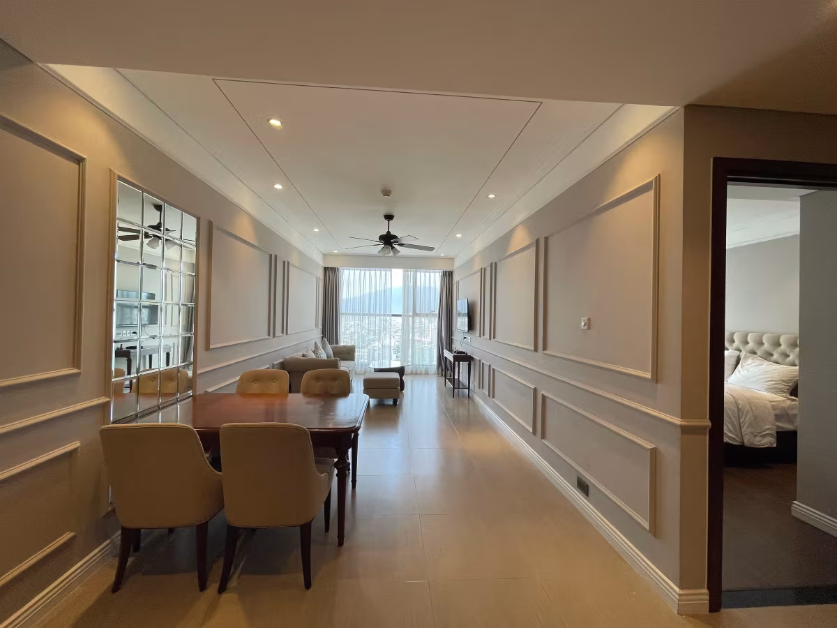 A fully furnished 2-bedroom, 2-bathroom apartment (99 m²) for rent on the 20th floor of Altara Suites Da Nang. Featuring a modern design, private balcony with panoramic views of Son Tra Peninsula, My Khe Beach, and the city. Prime beachfront location with full facilities: pool, gym, spa, restaurants, and 24/7 services.