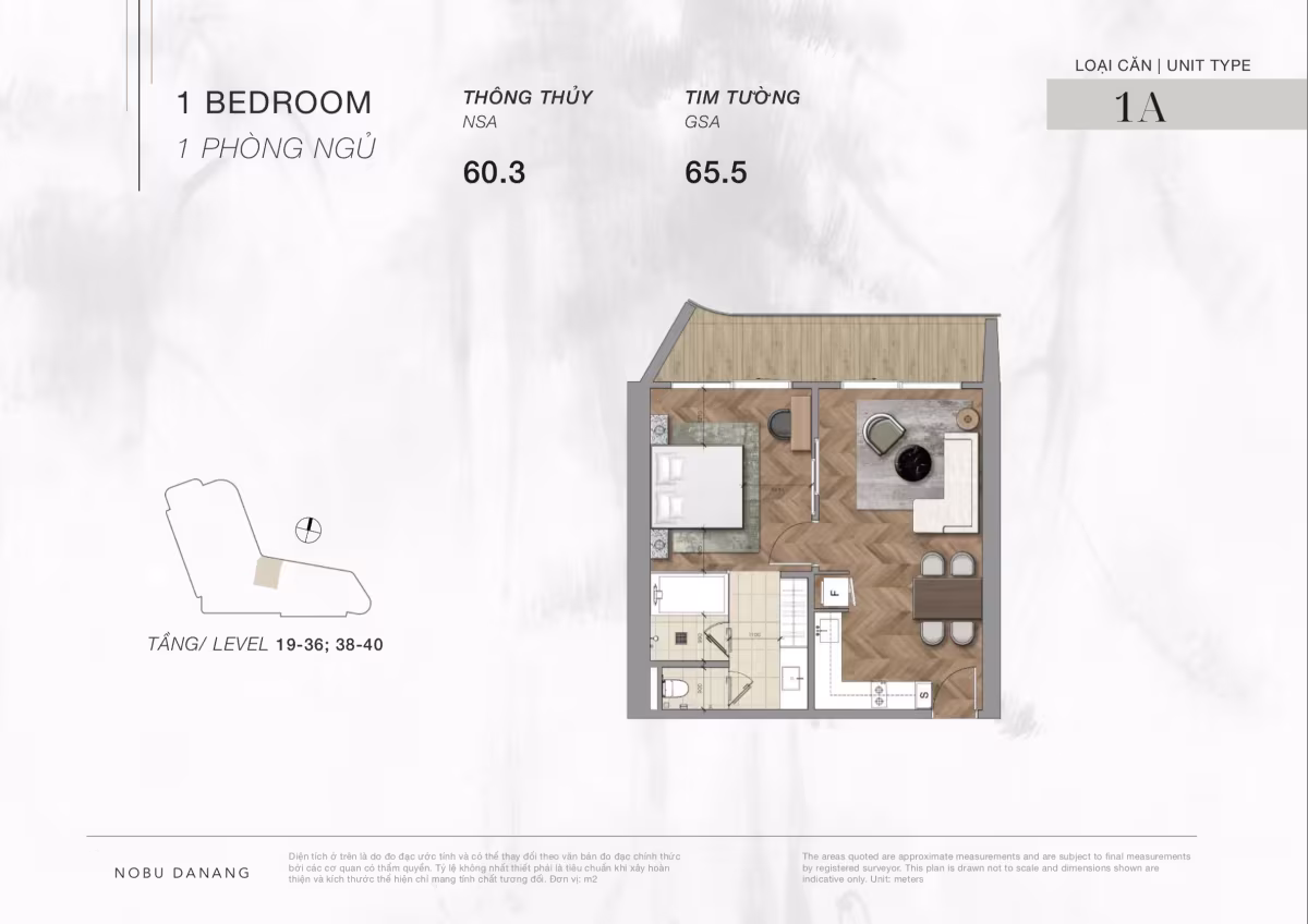 The 1-bedroom apartments at Nobu Residences Da Nang form the core of the development, offering a balanced blend of lifestyle appeal and investment potential. Located on floors 19 through 36, these residences comprise 132 units, representing around 50% of the 43-storey beachfront tower, all positioned to capture the energy and beauty of Da Nang’s coastline