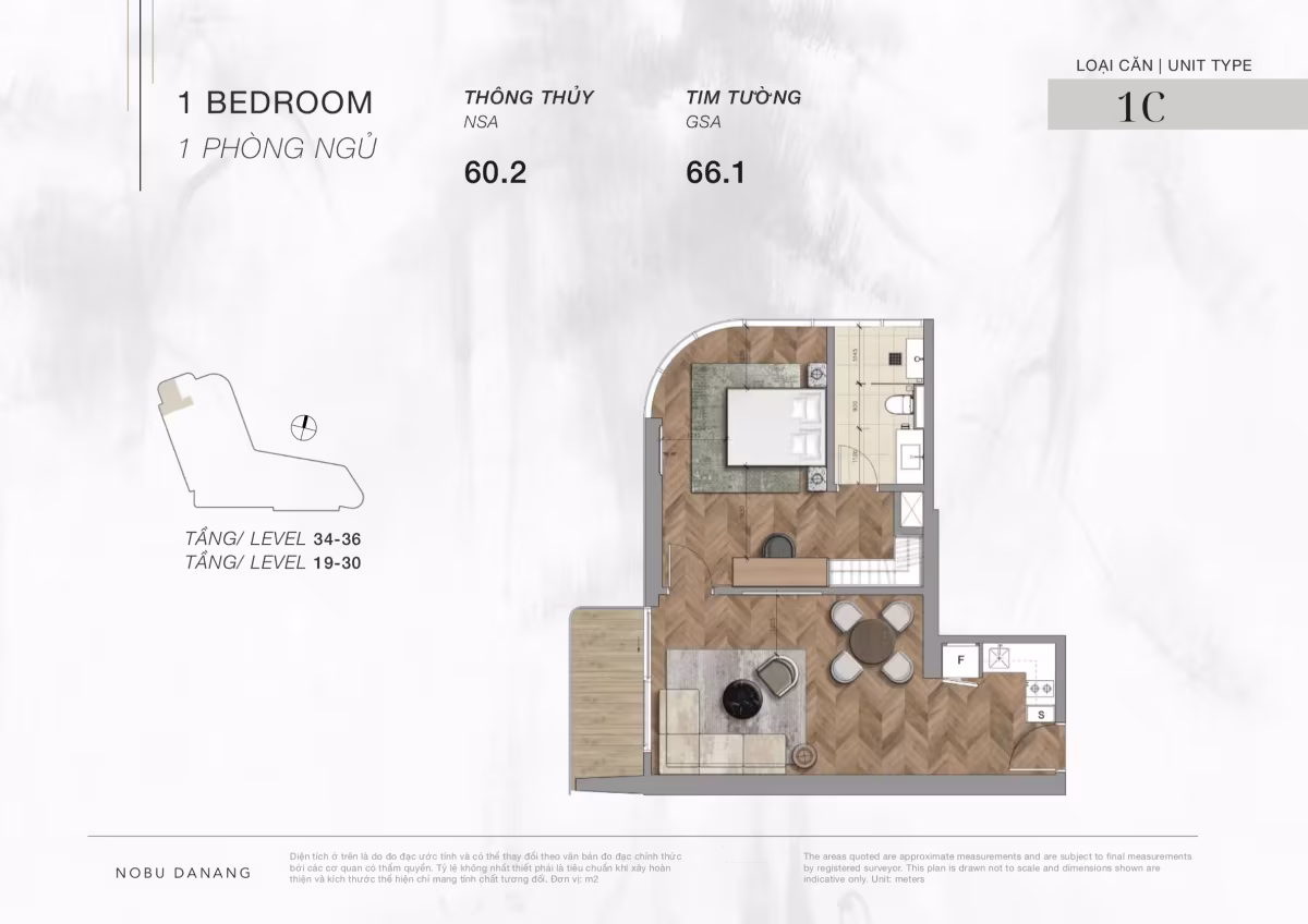 The 1-bedroom apartments at Nobu Residences Da Nang form the core of the development, offering a balanced blend of lifestyle appeal and investment potential. Located on floors 19 through 36, these residences comprise 132 units, representing around 50% of the 43-storey beachfront tower, all positioned to capture the energy and beauty of Da Nang’s coastline
