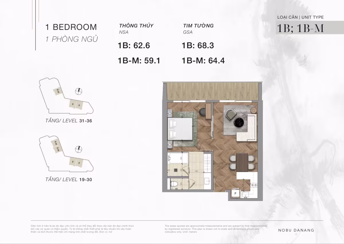 The 1-bedroom apartments at Nobu Residences Da Nang form the core of the development, offering a balanced blend of lifestyle appeal and investment potential. Located on floors 19 through 36, these residences comprise 132 units, representing around 50% of the 43-storey beachfront tower, all positioned to capture the energy and beauty of Da Nang’s coastline