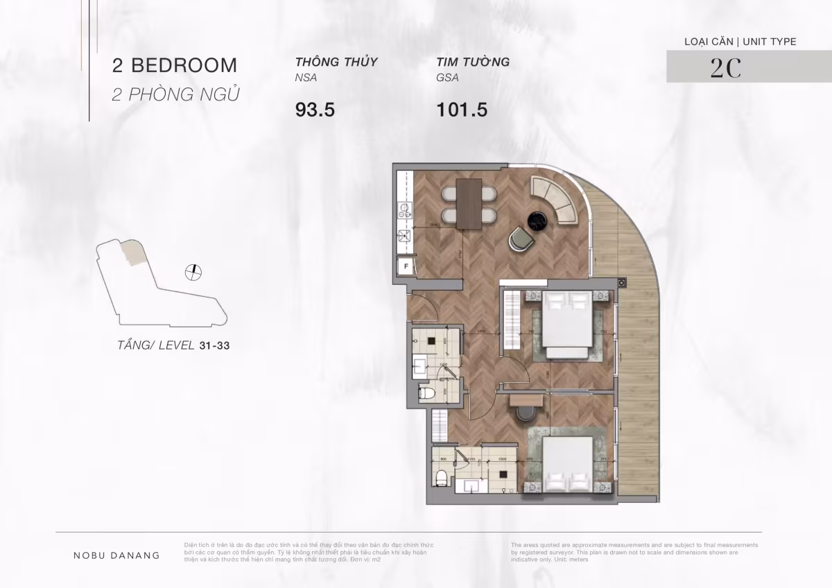 Situated between the 19th and 36th floors of Nobu Residences Da Nang, these 2-bedroom hotel apartments offer a well-balanced combination of lifestyle and investment appeal. With only 24 units in total—representing approximately 9.1% of the 43-storey development—this is a limited and highly sought-after apartment type in a prime beachfront location overlooking My Khe Beach, one of the most admired beaches in the world