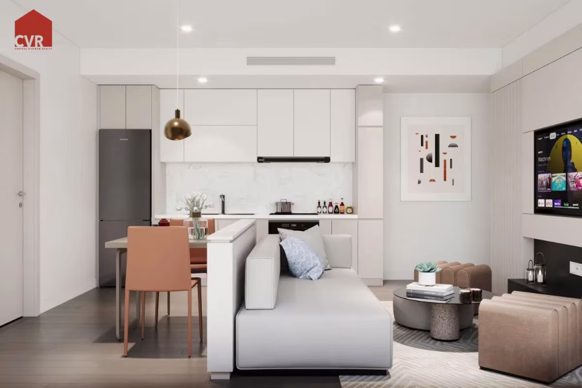 A 1-bedroom apartment at Times Square Da Nang offers luxury beachfront living with sea views, modern design, and strong investment potential—typically around 46.88 m² and located on Võ Nguyên Giáp Street. Size: 46.88 m², designed with a separate living room, kitchen, and bedroom layout. Balcony: Large balcony with direct views of Mỹ Khê Beach, one of the most beautiful beaches in the world