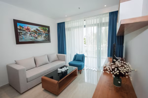 Bright 2BR condo at The Ocean Suites Da Nang with ocean view. Fully furnished, spacious layout, private balcony, and access to pool, gym & beach. Ideal for expats seeking peaceful coastal living.